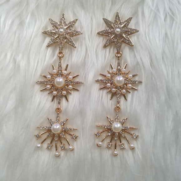 Gold Pearl Crystal Star Burst 3 Tier Drop Earrings - Picture 2 of 11